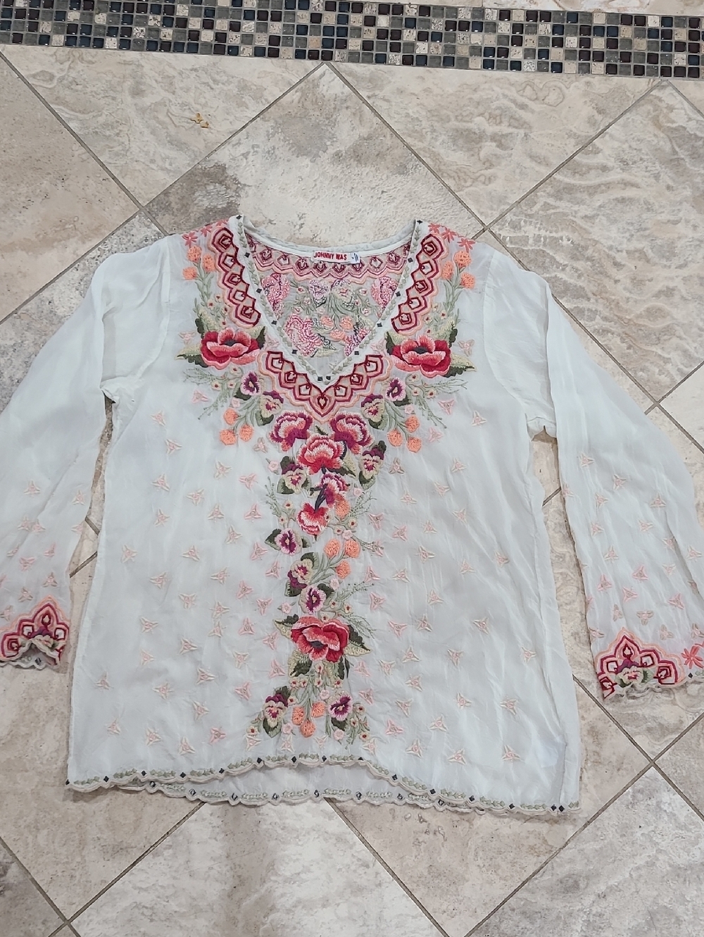 Johnny Was White Tunic with Pink & Green Floral Embroidery - Picture 3 of 14